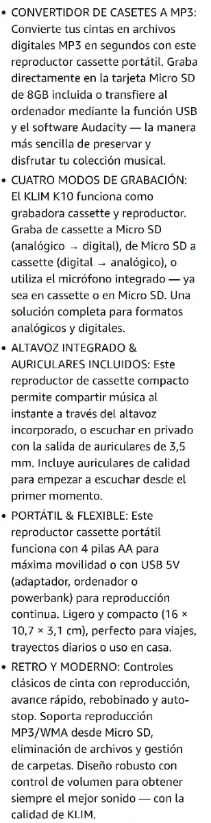 KLIM K10 Reproductor Cassette Portátil & Grabadora