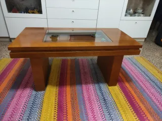 Mesa de centro madera maciza y cristal elevable