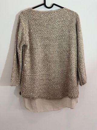 Jersey Lentejuelas y Gasa Beige y Dorado/Champán