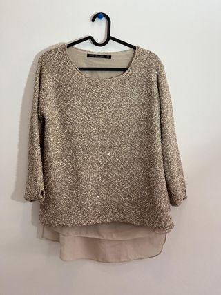 Jersey Lentejuelas y Gasa Beige y Dorado/Champán