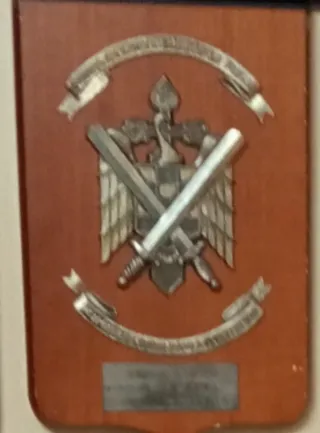 Metopa militar con escudo y espadas