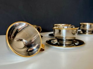 🇮🇹 Juego 6 Tazas Acero Inoxidable con Borde Dorado