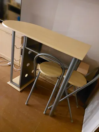 Mesa alta cocina madera y metal y 2 taburetes