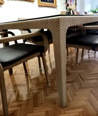 Mesa Comedor Ratán Gris Claro con Cristal y sillas
