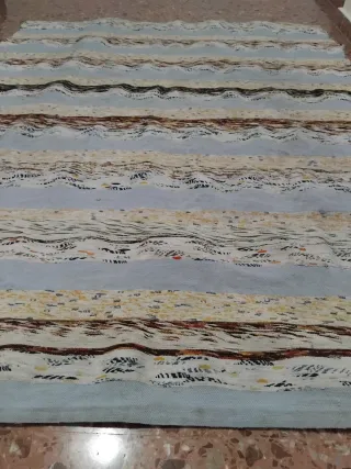 Alfombra de tela,algodón, lana beige y azul Jarapa