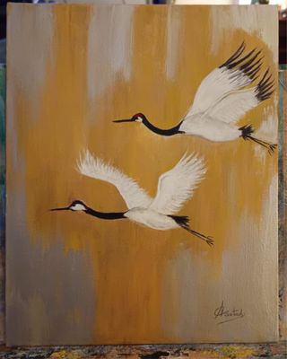 Pintura acrílico grullas 30x24cm