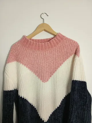 Jersey de punto chevron rosa, blanco y azul