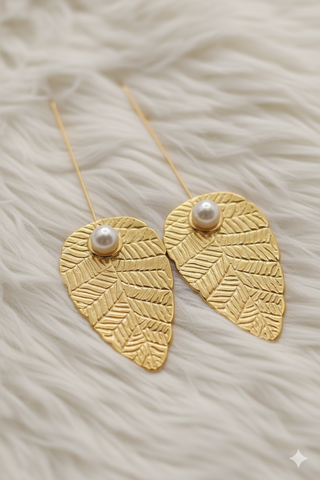 Pendientes Hoja Perla Colgantes Acero Dorado