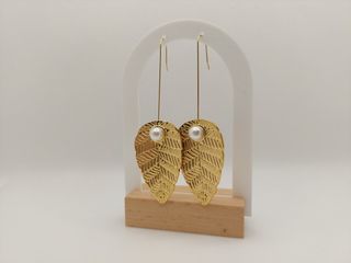 Pendientes Hoja Perla Colgantes Acero Dorado