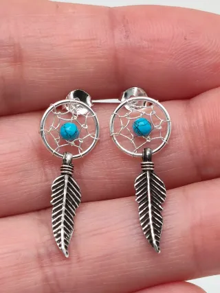 Pendientes Plata 925 Aro y Pluma Turquesa