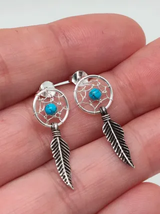 Pendientes Plata 925 Aro y Pluma Turquesa