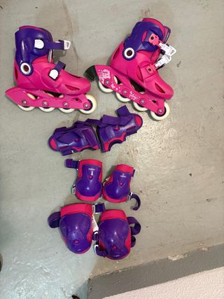 Patines niña y protecciones rosa/morado