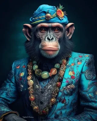 Cuadro Mono con Sombrero y Joyas en Azul