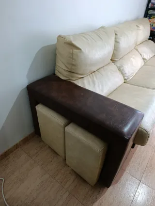 Sofá Chaiselongue Piel Beige y Marrón