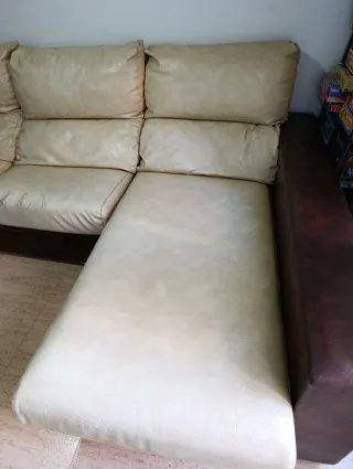 Sofá Chaiselongue Piel Beige y Marrón