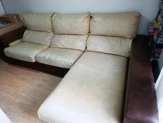 Sofá Chaiselongue Piel Beige y Marrón