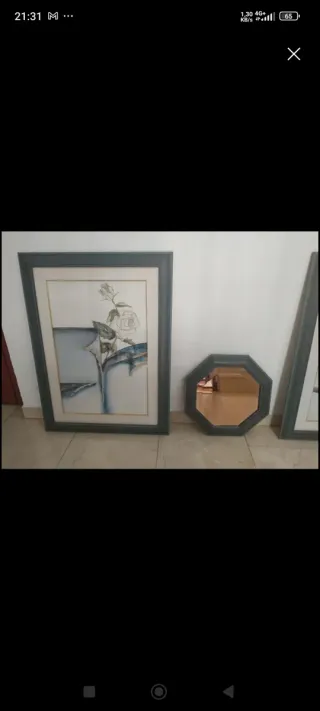 2 cuadros + espejo decorativo octagonal