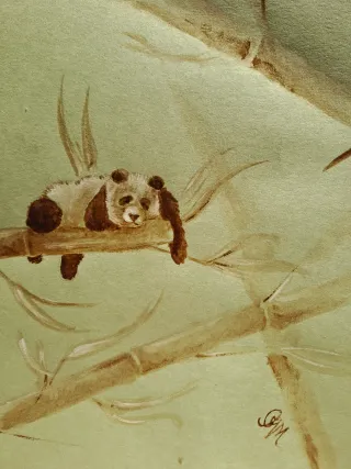 Panda su bambù: originale disegno acquerello caffè