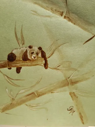 Panda su bambù: originale disegno acquerello caffè