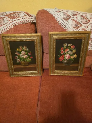 2 Cuadros Óleo Flores Antiguos c/u 35e