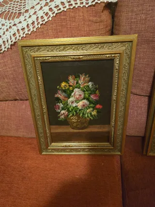 2 Cuadros Óleo Flores Antiguos c/u 35e