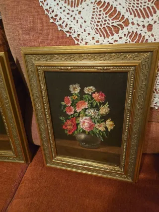 2 Cuadros Óleo Flores Antiguos c/u 35e