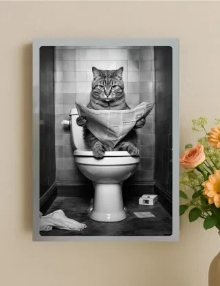 Quadro gatto su water con giornale