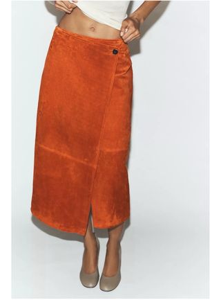 Falda Zara Piel Cruzada Naranja T/M