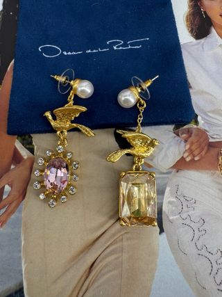 Pendientes Oscar de la Renta pájaro perla rosa