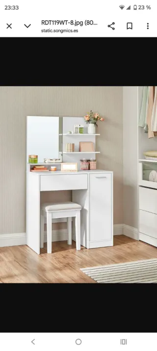 Tocador blanco con espejo y taburete