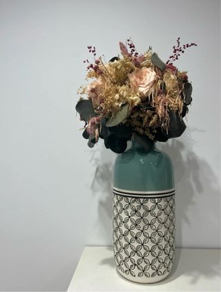 Jarrón Cerámica Teal y Blanco