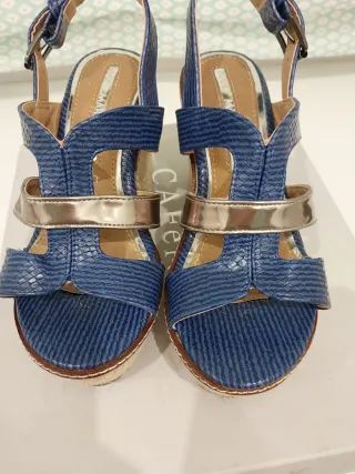 Sandalias cuña azul y dorado