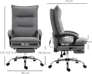 Silla de Oficina Masajeadora 6 Puntos Vibrante, Calentada y Reposapiés, Silla de Escritorio Acolchada Reclinable en Tejido de Piel Transpirable con Balanceo, Control Remoto, Altura Ajustable, Gris