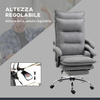 Silla de Oficina Masajeadora 6 Puntos Vibrante, Calentada y Reposapiés, Silla de Escritorio Acolchada Reclinable en Tejido de Piel Transpirable con Balanceo, Control Remoto, Altura Ajustable, Gris