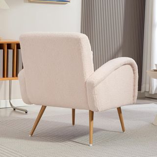 Sillón para Sala de Estar Acolchado, Silloncito de Habitación en Tejido Teddy con Cojín Lumbar, Sillón de Lectura con Patas de Efecto Madera en Metal para Sala de Estar y Estudio, 77X77X83 Cm, Beige