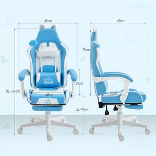 Silla Gaming Ergonómica Con Orejas De Gato, Sillón Gaming De Oficina Reclinable En Cuero Sintético Con Reposapiés, Reposacabezas Y Altura Regulable, Soporte Lumbar Y Cervical, Azul