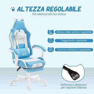 Silla Gaming Ergonómica Con Orejas De Gato, Sillón Gaming De Oficina Reclinable En Cuero Sintético Con Reposapiés, Reposacabezas Y Altura Regulable, Soporte Lumbar Y Cervical, Azul