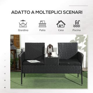 Banco de Jardín de 2 Plazas con Mesa de Café Central, Sofá de Rattan PE, Acero y Poliéster, 137X59X82 Cm, Negro