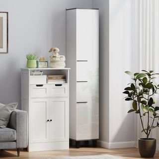 Columna de Baño Moderna Con Cajón, 2 Armarios, Mueble de Baño Ahorra Espacio Alto Con 2 Puertas Y Estantes Regulables, Mueble de Baño de Madera, 34X32X190 Cm, Blanco Brillante