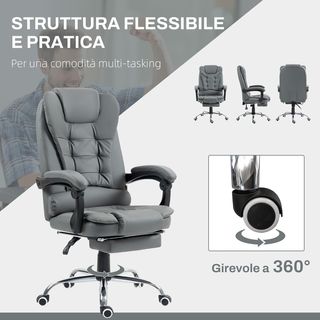 Silla de Oficina Ergonómica Presidencial en Piel PU, Silla de Oficina Giratoria con Respaldo Alto Reclinable 145°, Altura Regulable y Reposapiés Extraíble, Gris