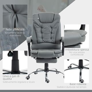 Silla de Oficina Ergonómica Presidencial en Piel PU, Silla de Oficina Giratoria con Respaldo Alto Reclinable 145°, Altura Regulable y Reposapiés Extraíble, Gris