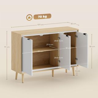 Credenza de Cocina Con 3 Puertas, Mueble de Cocina Moderno Con Estante Regulable Y Patas de Madera, Credenza Buffet para Sala de Estar, Comedor Y Salón, 107X35X77 Cm, Blanco Brillante Y Roble