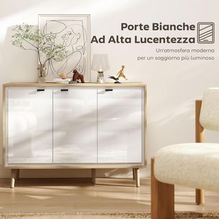 Credenza de Cocina Con 3 Puertas, Mueble de Cocina Moderno Con Estante Regulable Y Patas de Madera, Credenza Buffet para Sala de Estar, Comedor Y Salón, 107X35X77 Cm, Blanco Brillante Y Roble