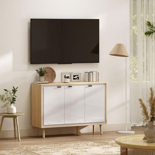 Credenza de Cocina Con 3 Puertas, Mueble de Cocina Moderno Con Estante Regulable Y Patas de Madera, Credenza Buffet para Sala de Estar, Comedor Y Salón, 107X35X77 Cm, Blanco Brillante Y Roble