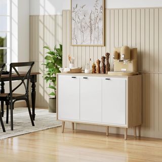 Credenza de Cocina Con 3 Puertas, Mueble de Cocina Moderno Con Estante Regulable Y Patas de Madera, Credenza Buffet para Sala de Estar, Comedor Y Salón, 107X35X77 Cm, Blanco Brillante Y Roble