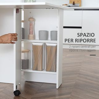 Mesa de Comedor Plegable, Mesa de Cocina Abatible para 6 Personas, Escritorio Plegable Ahorra Espacio Con 2 Estantes Abiertos Y Ruedas con Freno, para Sala de Estar, Oficina, 140X75X74Cm, Blanco