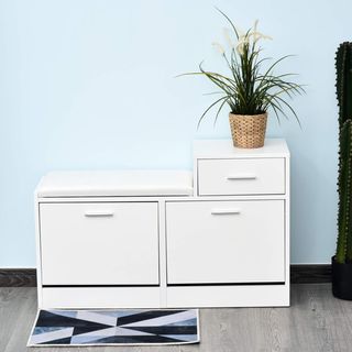 Zapatero Moderno Con Banco Tapizado para 12 Pares de Zapatos, Mueble de Entrada Con Zapatero, Madera, Elegante, Amplio, 94,5X57X30 Cm, Blanco