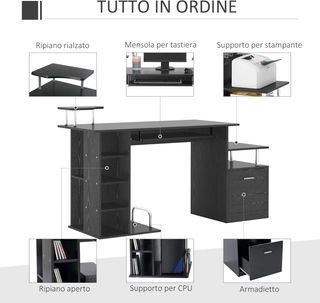Escritorio Moderno para Computadora con Cajones, Estantes y Teclado Extraíble, Escritorio de Oficina para Casa en Madera Negra 152X60X88Cm