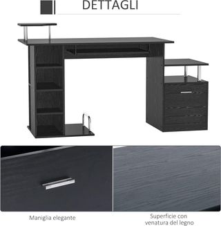 Escritorio Moderno para Computadora con Cajones, Estantes y Teclado Extraíble, Escritorio de Oficina para Casa en Madera Negra 152X60X88Cm
