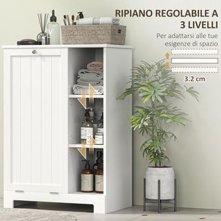 Mueble Portabianchería para Baño Con Cesto Extraíble, Armario Mueble Baño Ahorra Espacio, Mueble Lavandería Con Bolsa Portabianchería Plegable Y 3 Estantes, 60X38X86 Cm, Blanco